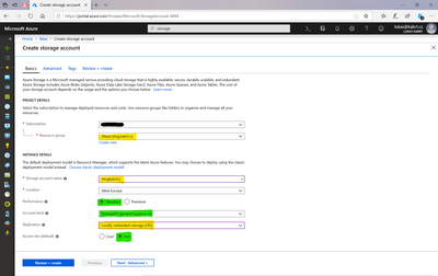 Storage account settings